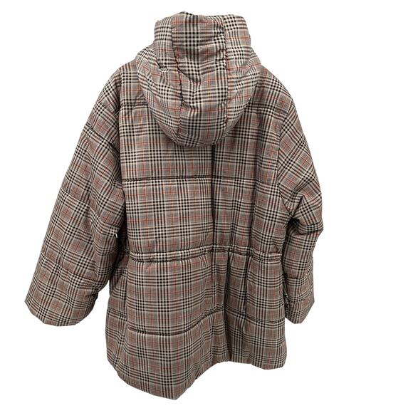 Ava & Viv Mid Length Puffer Jacket SZ 1X Tan Black Orange Hooded Snap Full Zip - Picture 11 of 14